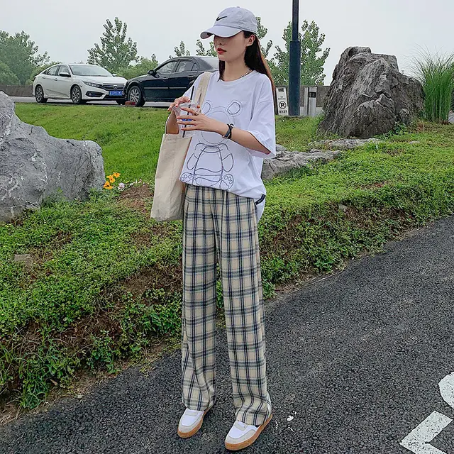 Grid Children's High Waist Drape Loose Thin Straight Wide leg Pants Dark Blue Plaidtrousers - Shop at LoveMi