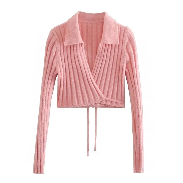 Spring Sexy Deep Vneck Tie Long sleeved Knitted Cardigan Female Lapel Slim Sweater Jacket Pink - Shop at LoveMi