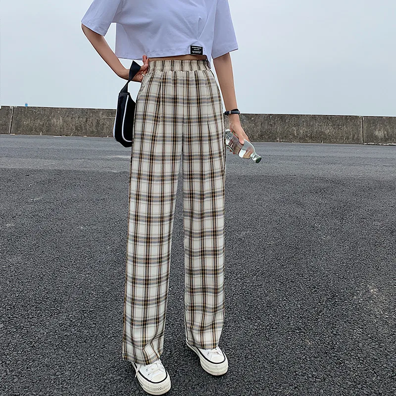 Grid Children's High Waist Drape Loose And Thin Summer Thin Straight Wide leg Pants Coffee - Shop at LoveMi