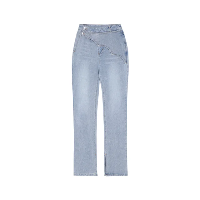Side Slit High Waist Women's Slim Yuppie High Street Cotton Slim Jeans Light Color - Shop at LoveMi