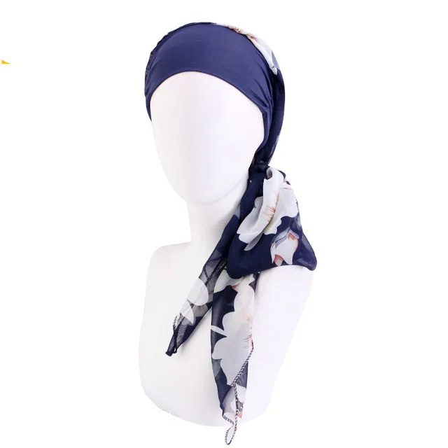 Elastic Wide Brim Hat Turban Wheel Chemotherapy Pre tied Headgear Flower Navy Blue - Shop at LoveMi