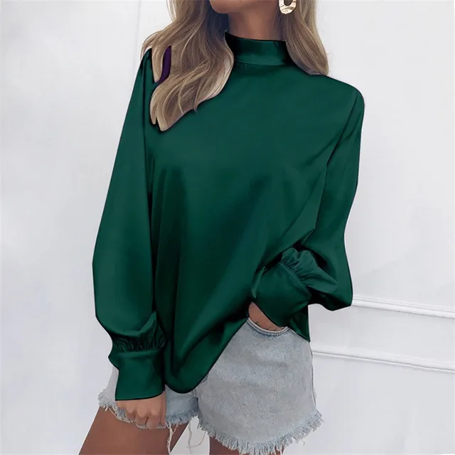 High Neck Lantern Sleeve Shirt Green - Shop at LoveMi