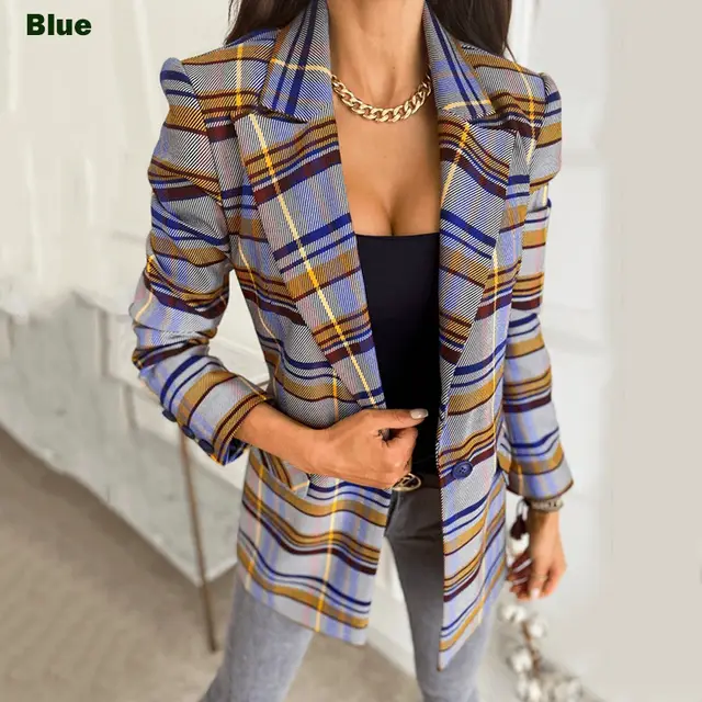 New European And American Women's Long sleeved Plaid Print Jacket Small Suit Blue - Shop at LoveMi