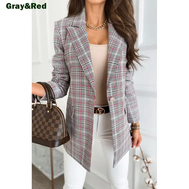 New European And American Women's Long sleeved Plaid Print Jacket Small Suit Red Grid Stripes - Shop at LoveMi