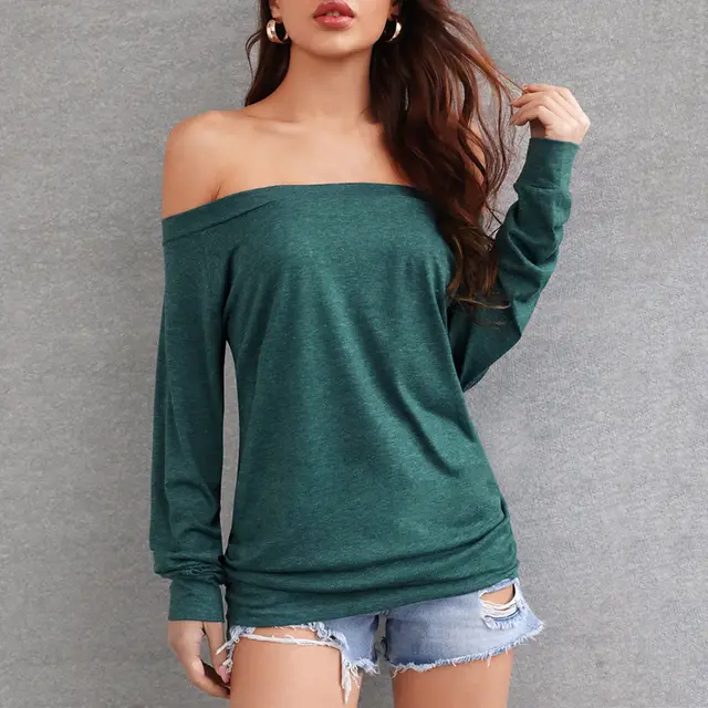 Women's Long sleeved One neck Off shoulder Solid Color Blouse Green - Shop at LoveMi