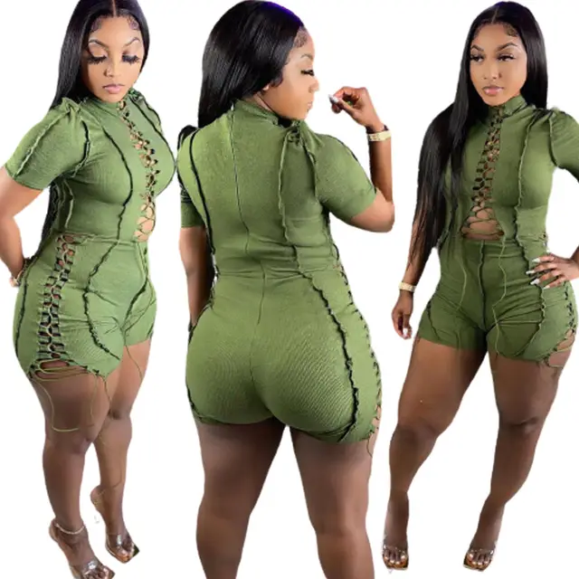 Lace Trim Overall Shorts Jumpsuit Women Green - Shop at LoveMi