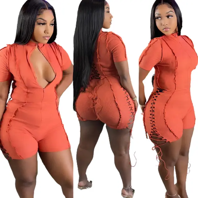 Lace Trim Overall Shorts Jumpsuit Women Orange - Shop at LoveMi
