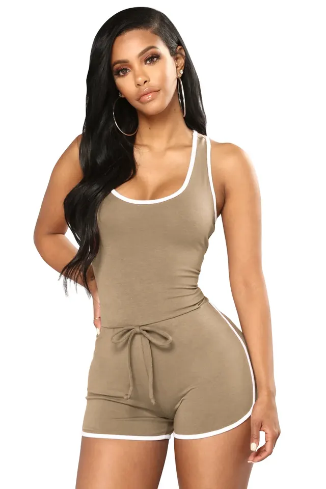 Fashion Solid Color Sexy Racer Back Jumpsuit Khaki - Shop at LoveMi