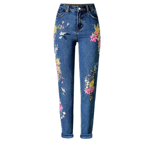 High rise Slim fit Straight leg Jeans With Front And Back Embroidery Dark Blue - Shop at LoveMi