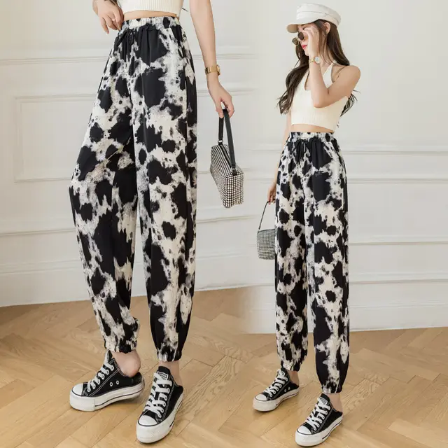Fashion Ladies Ink Painting Tie Dye Casual Sports Pants Black White - Shop at LoveMi