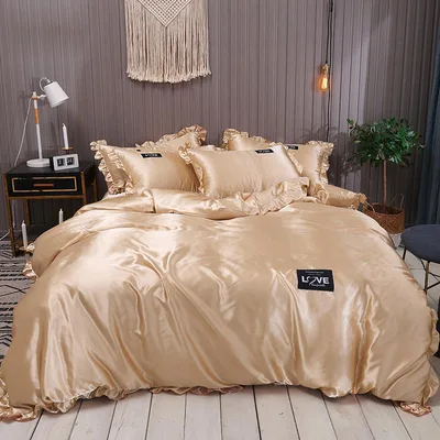 Pure Color Washed Silk Bed Sheet Ice Silk Four piece Bed Sheet Duvet Cover Camel - Shop at LoveMi