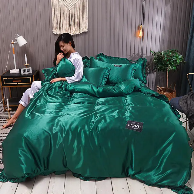 Pure Color Washed Silk Bed Sheet Ice Silk Four piece Bed Sheet Duvet Cover Dark Green - Shop at LoveMi