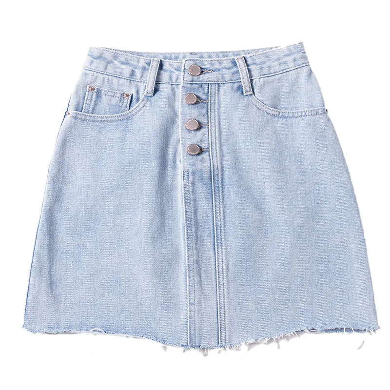 Women New Korean Style High Waist Breasted A line Skirt Blue - Shop at LoveMi
