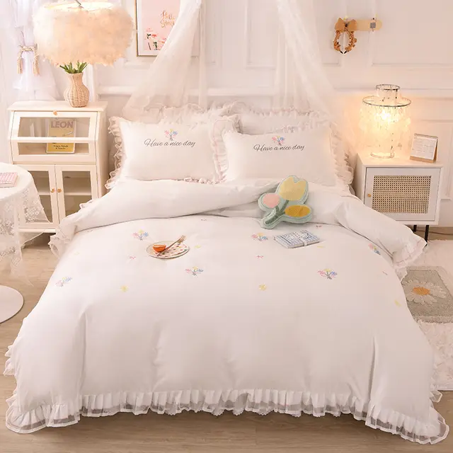 Summer Ruffled Cotton Four piece Set Girl Heart Embroidery Flower Quilt Cover Little Emotionwhite - Shop at LoveMi