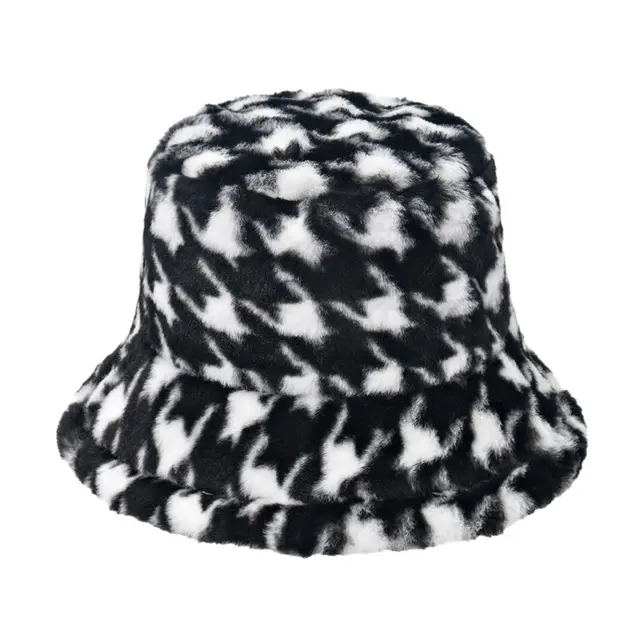 Autumn And Winter Fisherman Hat Plush Net Celebrity Travel To Keep Warm Houndstooth Rabbit Fur Basin Hat Black - Shop at LoveMi