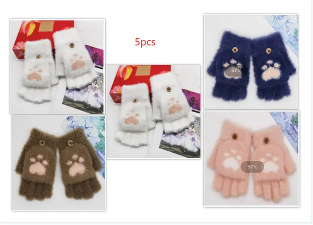 Gloves Women's Warm Cute Half Finger Gloves Imitation Mink Cat Claw Flip Yarn Fingerless Gloves Set - Shop at LoveMi
