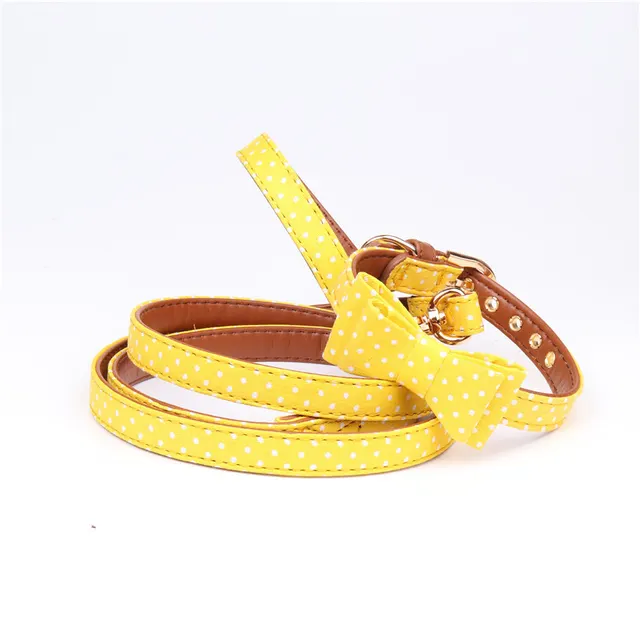 Polka Dot Dog Triangle Scarf Collar Leash Pet Pu Dog Leash Yellow Set - Shop at LoveMi