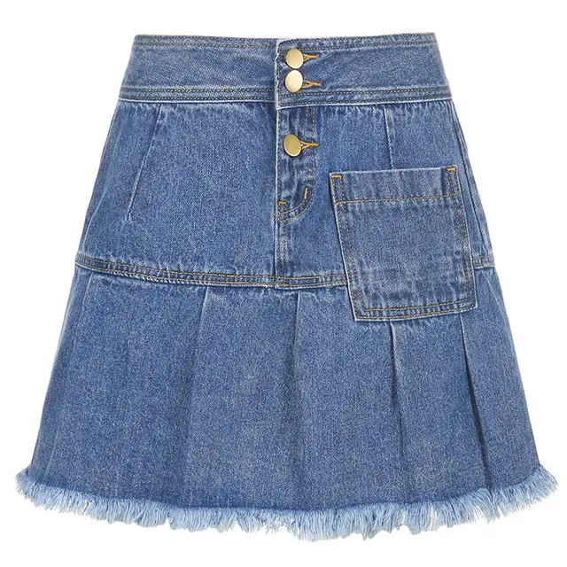 High waisted Single breasted Pleated Skirt With Irregular Raw Edges Blue - Shop at LoveMi