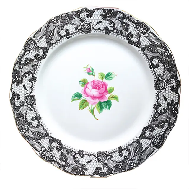 English Afternoon Tea Bone China Dessert Plate Black Lace 10Inch Large Plate - Shop at LoveMi