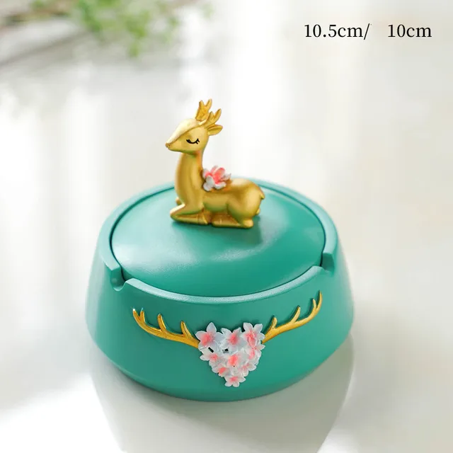 Ashtray Personality Trend Desk Home Living Room Creative Anti fly Ash Decorative Ornaments With Cover Sika Deer Green - Shop at LoveMi