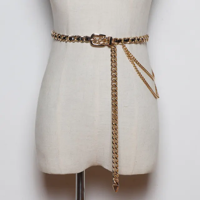 Women's Fine Decorative Jeans With Metal Braided Waist Chain Gold - Shop at LoveMi