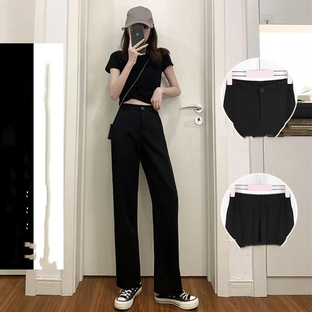 Summer Thin Mopping High Waist Drape Black Wide leg Trousers Trousers Single Button Black - Shop at LoveMi