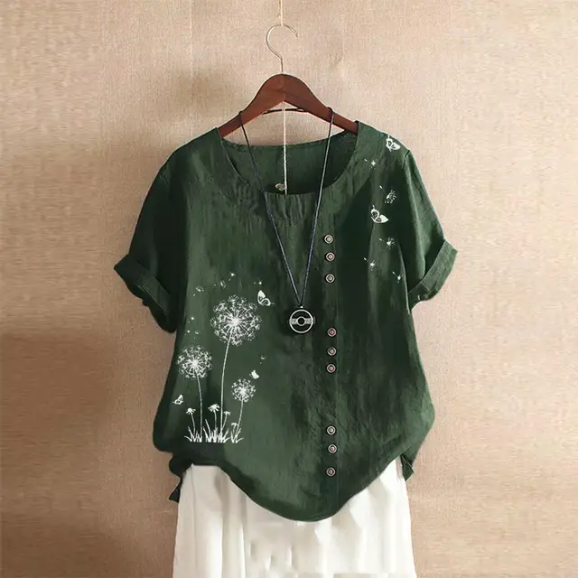 Large Size Casual Loose Cotton And Linen Print Dandelion Short Sleeve Pullover T shirt Green - Shop at LoveMi