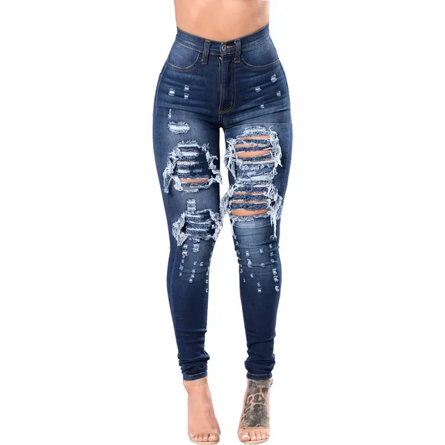 Women's Ripped Denim Washed Denim Pants Dark Blue - Shop at LoveMi