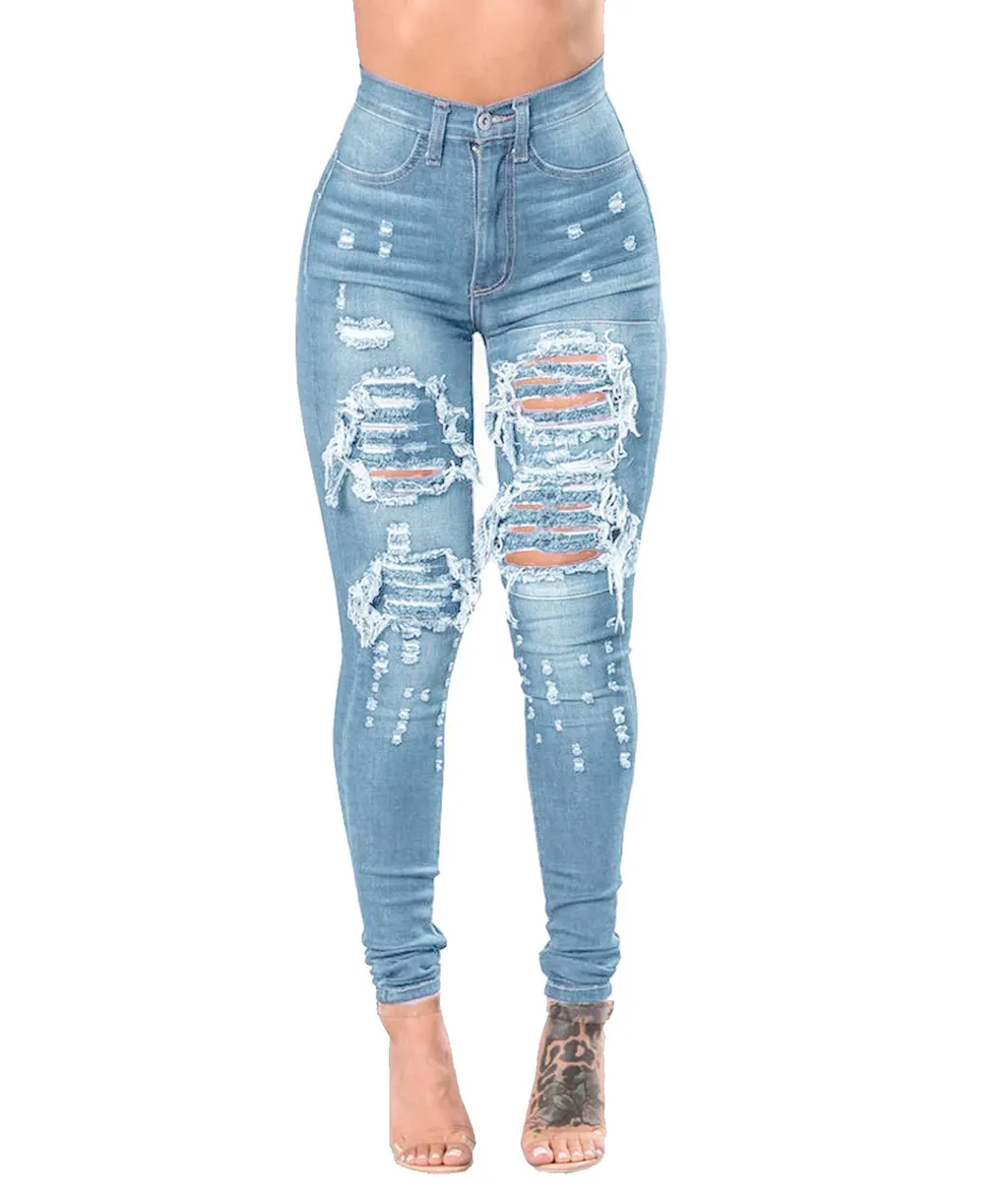 Women's Ripped Denim Washed Denim Pants - Light Blue