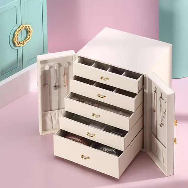 Cosmetic Storage Box Multi layer Jewelry Box Leather Double Korean Style White - Shop at LoveMi