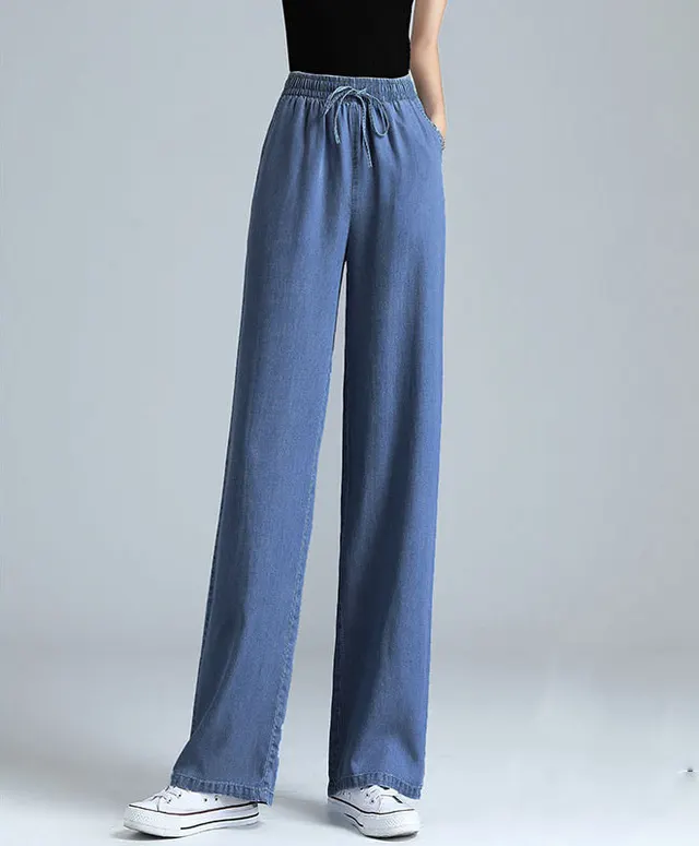 High Waist Draped Straight Loose Ice Silk Wide leg Pants Nine Points Dark Vintage Blue - Shop at LoveMi