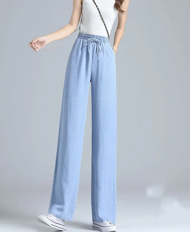 High Waist Draped Straight Loose Ice Silk Wide leg Pants Nine Points Light Retro Blue - Shop at LoveMi