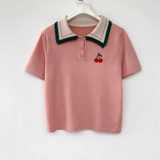 Cherry Embroidered Lapel Temperament Short sleeved Knitted Top T shirt Pink - Shop at LoveMi