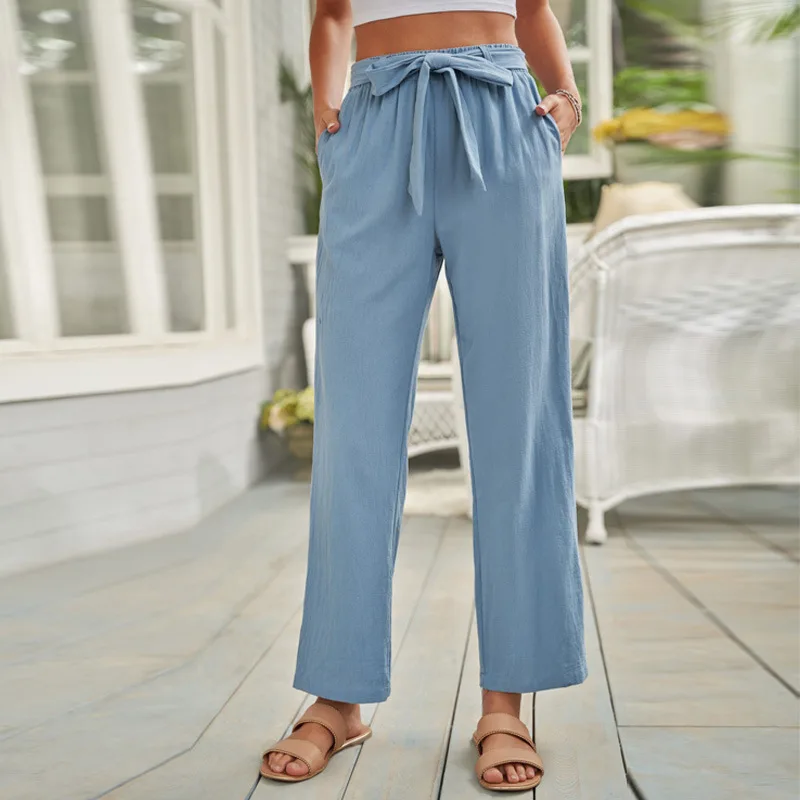 Womens Solid Colour Casual Wide-leg Trousers - Light Blue