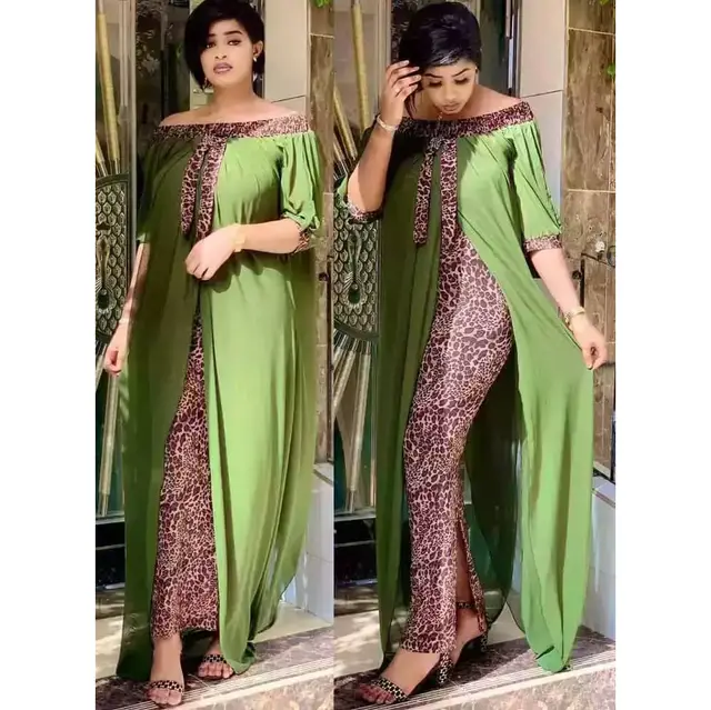Large Size Chiffon Stitching Fake Two piece Ankle Dress And Leopard Print Dress Women Green - Shop at LoveMi