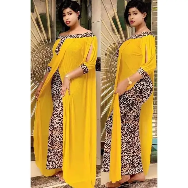 Large Size Chiffon Stitching Fake Two piece Ankle Dress And Leopard Print Dress Women Yellow - Shop at LoveMi