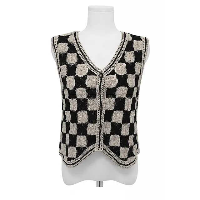 Knitted Checkerboard Plaid Retro Crochet Color Matching Checkered Cardigan Waistcoat Beige - Shop at LoveMi