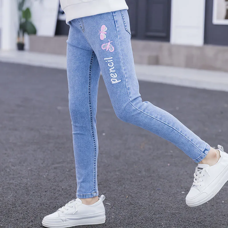 Autumn Butterfly Letter Jeans Slim Fit Stretch Casual Pants Children's Pants Blue - Shop at LoveMi