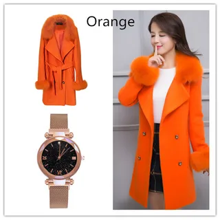 Ladies Waist Woolen Coat Solid Color Mid-length Woolen Coat Starry Sky Watch Set - Orange And Watch - View 1