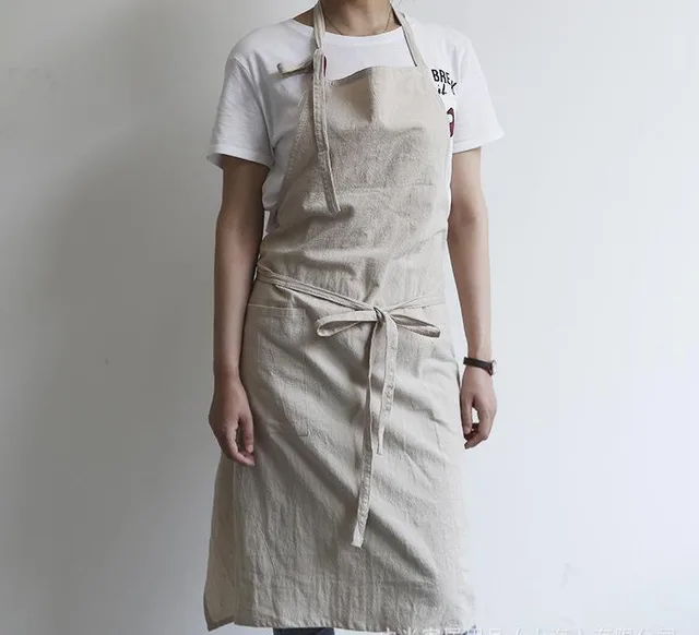 Solid Color Kitchen Apron Japanese Style Korean Style Sleeveless Multi color Cotton And Linen Beige - Shop at LoveMi