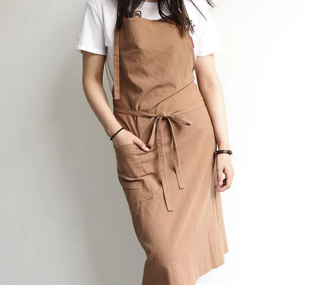 Solid Color Kitchen Apron Japanese Style Korean Style Sleeveless Multi color Cotton And Linen Brown - Shop at LoveMi
