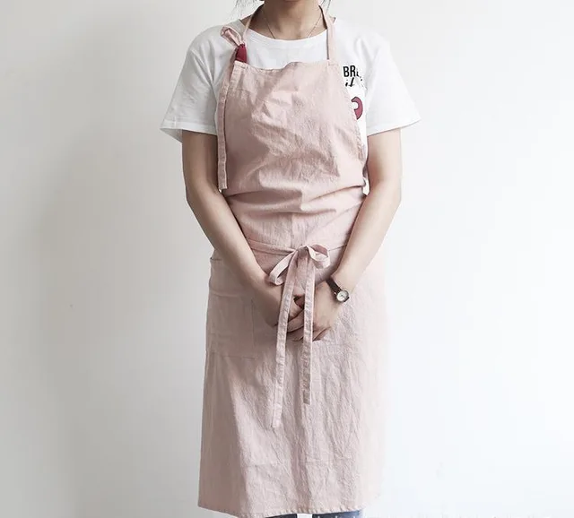 Solid Color Kitchen Apron Japanese Style Korean Style Sleeveless Multi color Cotton And Linen Pink - Shop at LoveMi