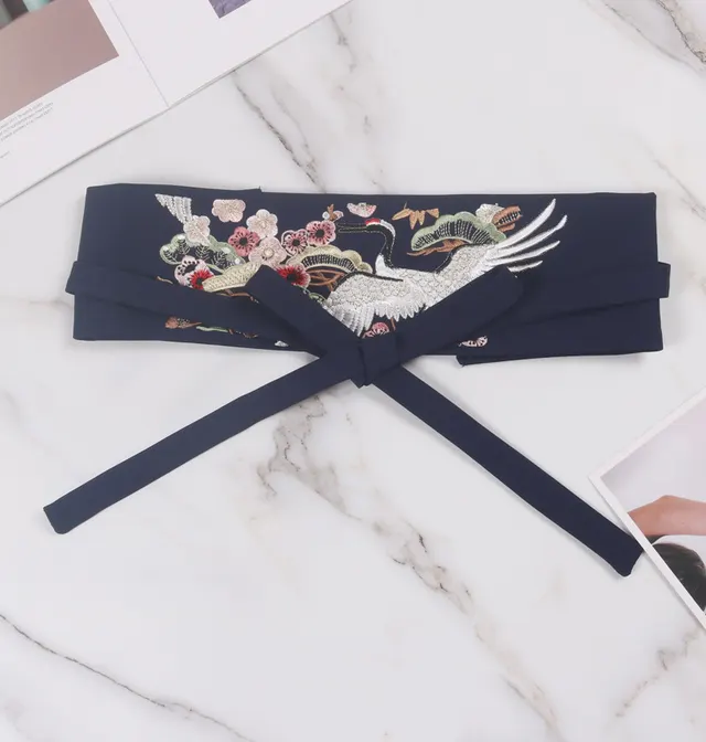 Flower Crane Embroidery Bow Tie Tie Belt Waist Seal Navy Blue - Shop at LoveMi