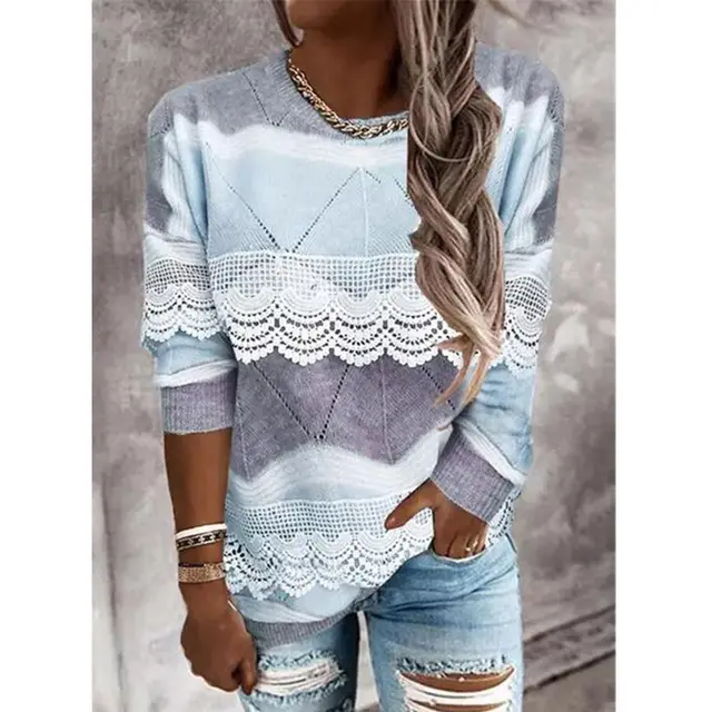 Fashionable Round Neckline Pullover Color Block Casual Top Light Blue - Shop at LoveMi