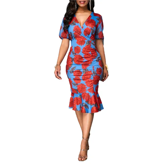 V neck Print Bag Hip Slim Ruffled Commuter Dress Blue - Shop at LoveMi