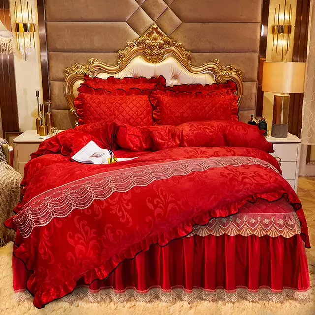 Lace Velvet Bed Skirt Four piece Quilted Red - Shop at LoveMi