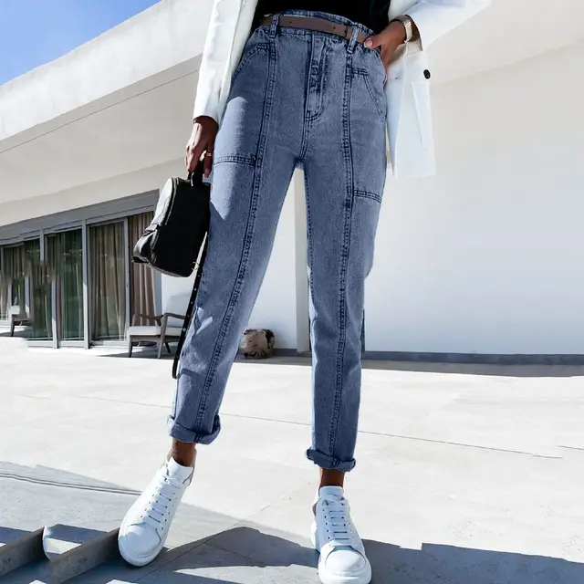 Women's Autumn Casual Temperament High waisted Water washed Jeans With Small Feet Blue - Shop at LoveMi