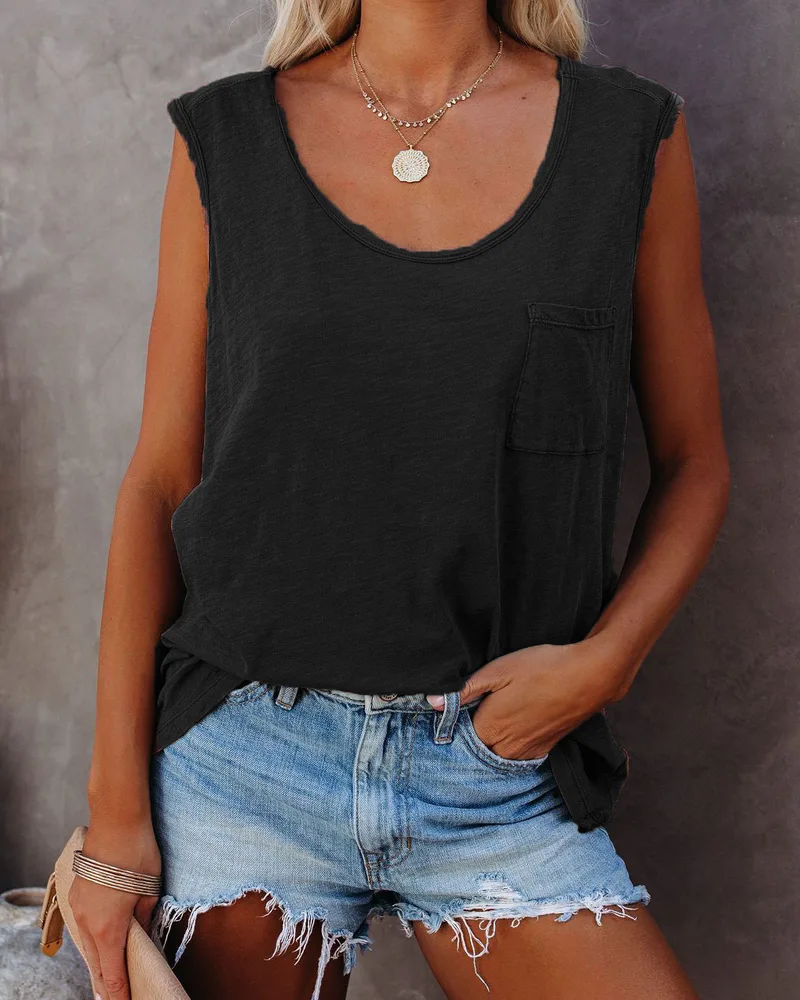 U neck Patch Pocket Solid Color Hem Ladies Vest Black - Shop at LoveMi