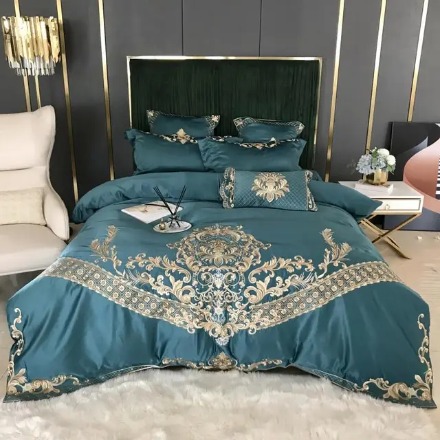 Four piece Embroidered Tencel Cotton Bed Linen And Duvet Cover Dark Green - Shop at LoveMi