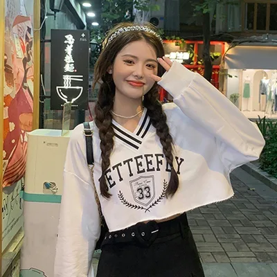 Letter Print V Neck Short Long Sleeved Sweater Women Black - Shop at LoveMi